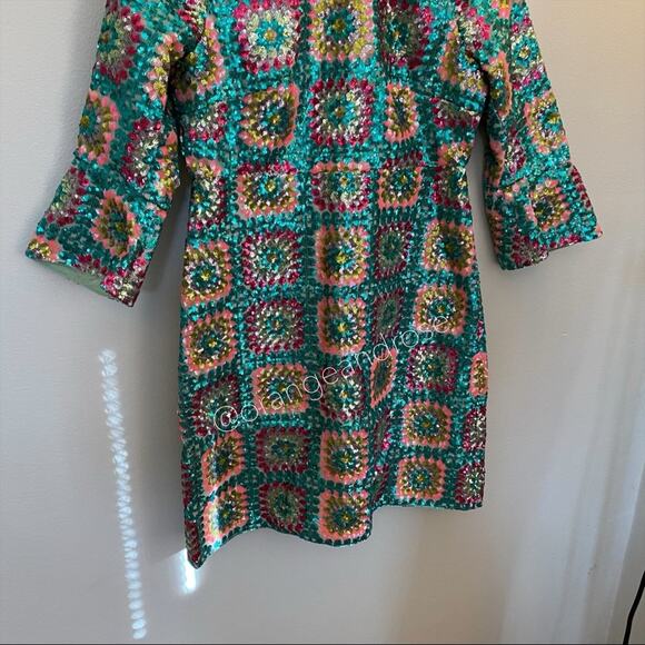 Manoush Sequin Teal Blue Unique Fitted Crochet Pattern Long Sleeve Mini Dress XS - Picture 11 of 14